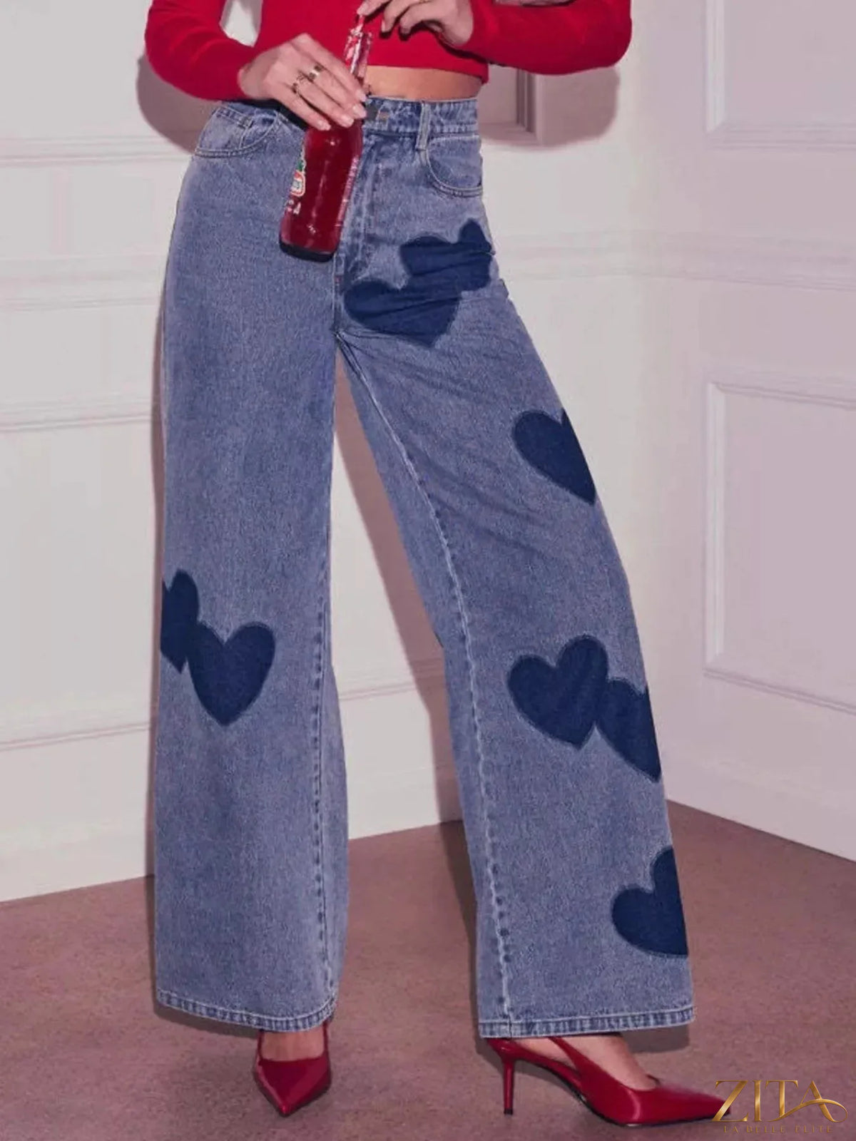 Zita La Belle Elite heart high waist wide-leg jeans displayed on a model, showcasing the stylish denim design and fit.
