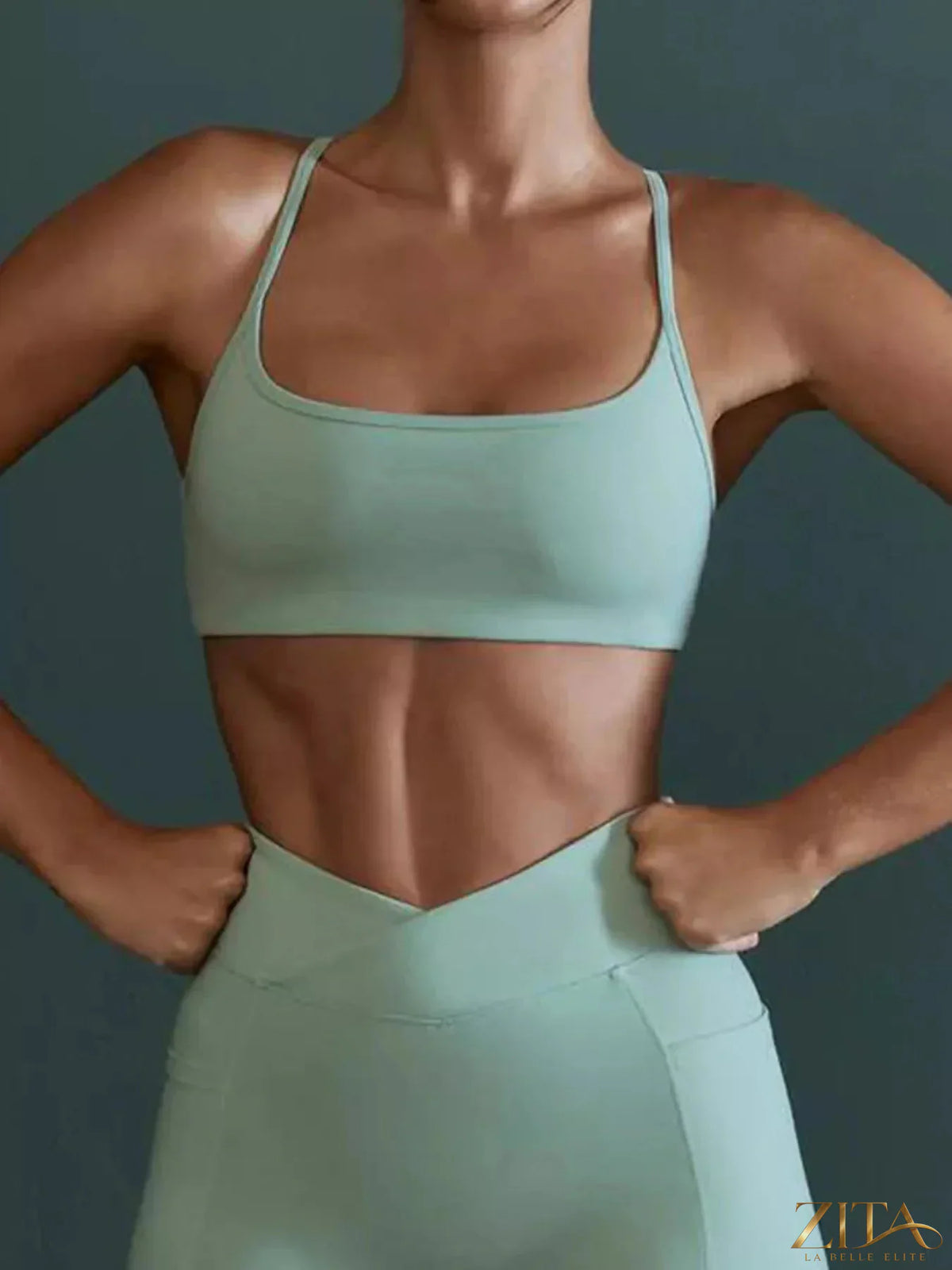 Zita La Belle Elite seamless cross-waist cami and leggings active set, black, fitted sportswear for workout or casual wear.