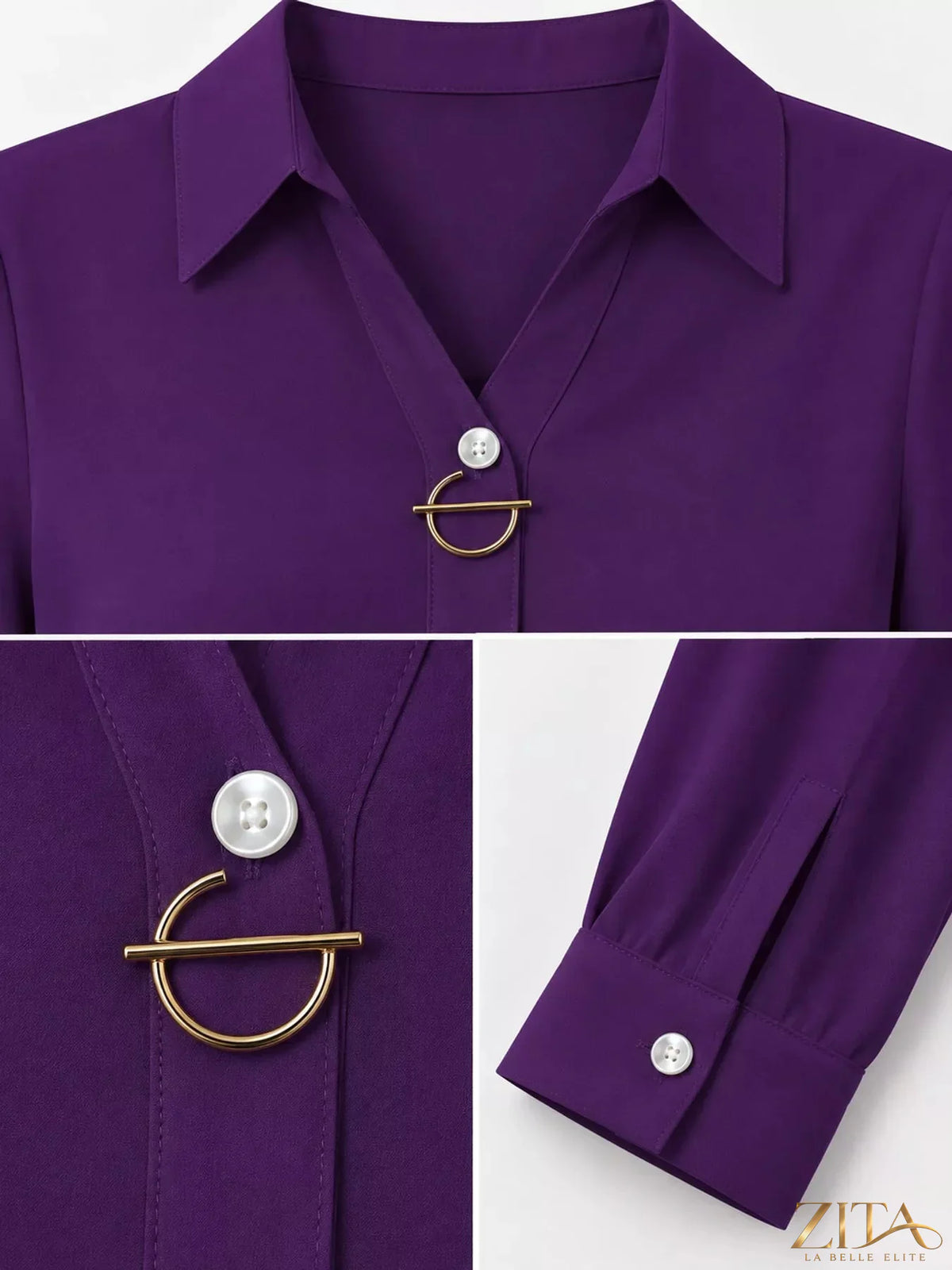 Zita La Belle Elite long sleeve satin blouse in elegant fabric with a classic collar and button-front design.