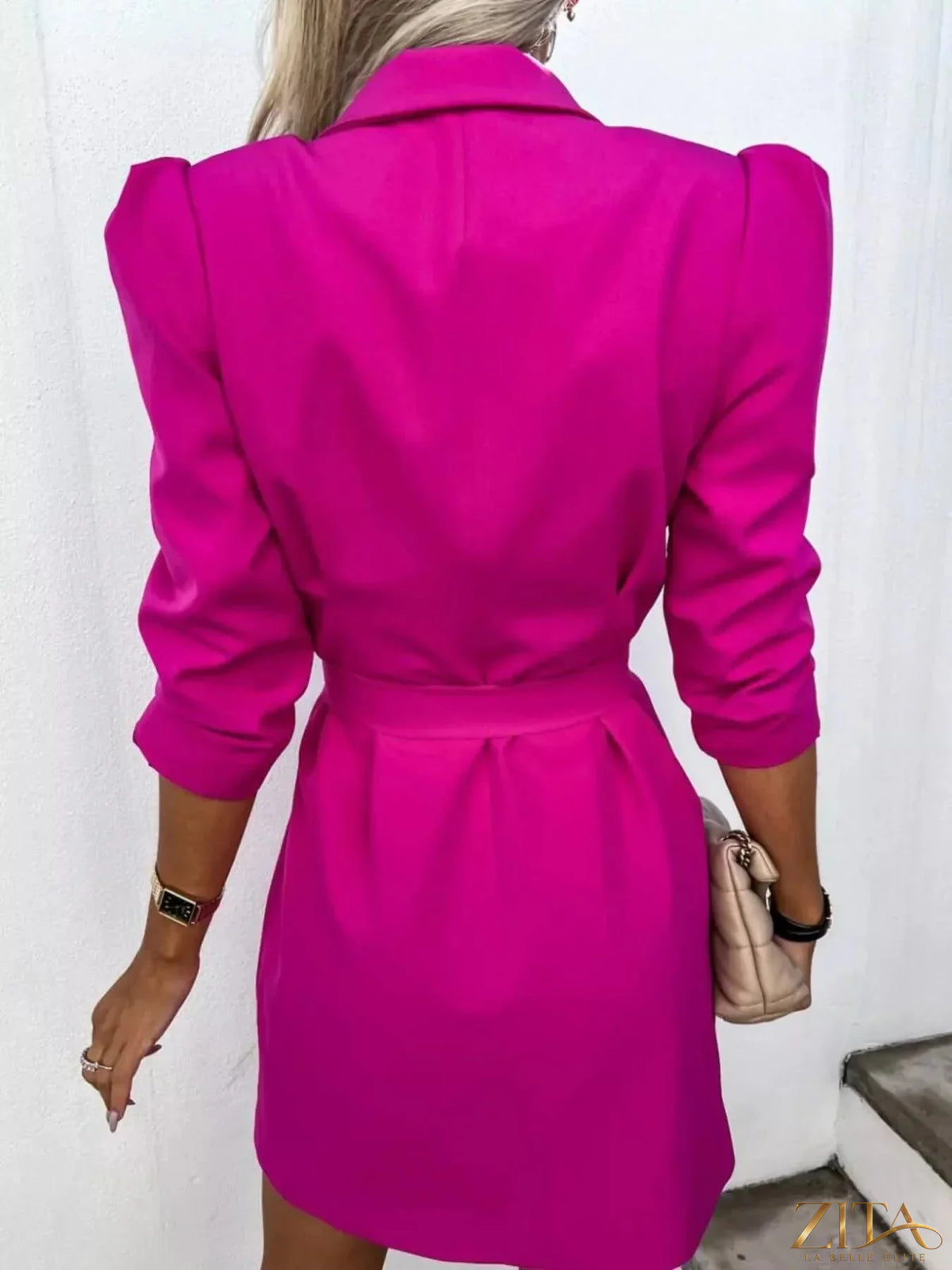 Zita La Belle Elite 3/4 sleeve belted blazer dress in black, tailored with a fitted silhouette and stylish design.