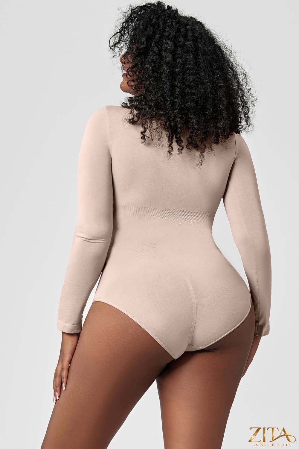 Zita La Belle Elite long sleeve shaping bodysuit in black, close-up view showing seamless, fitted design for smooth silhouette.