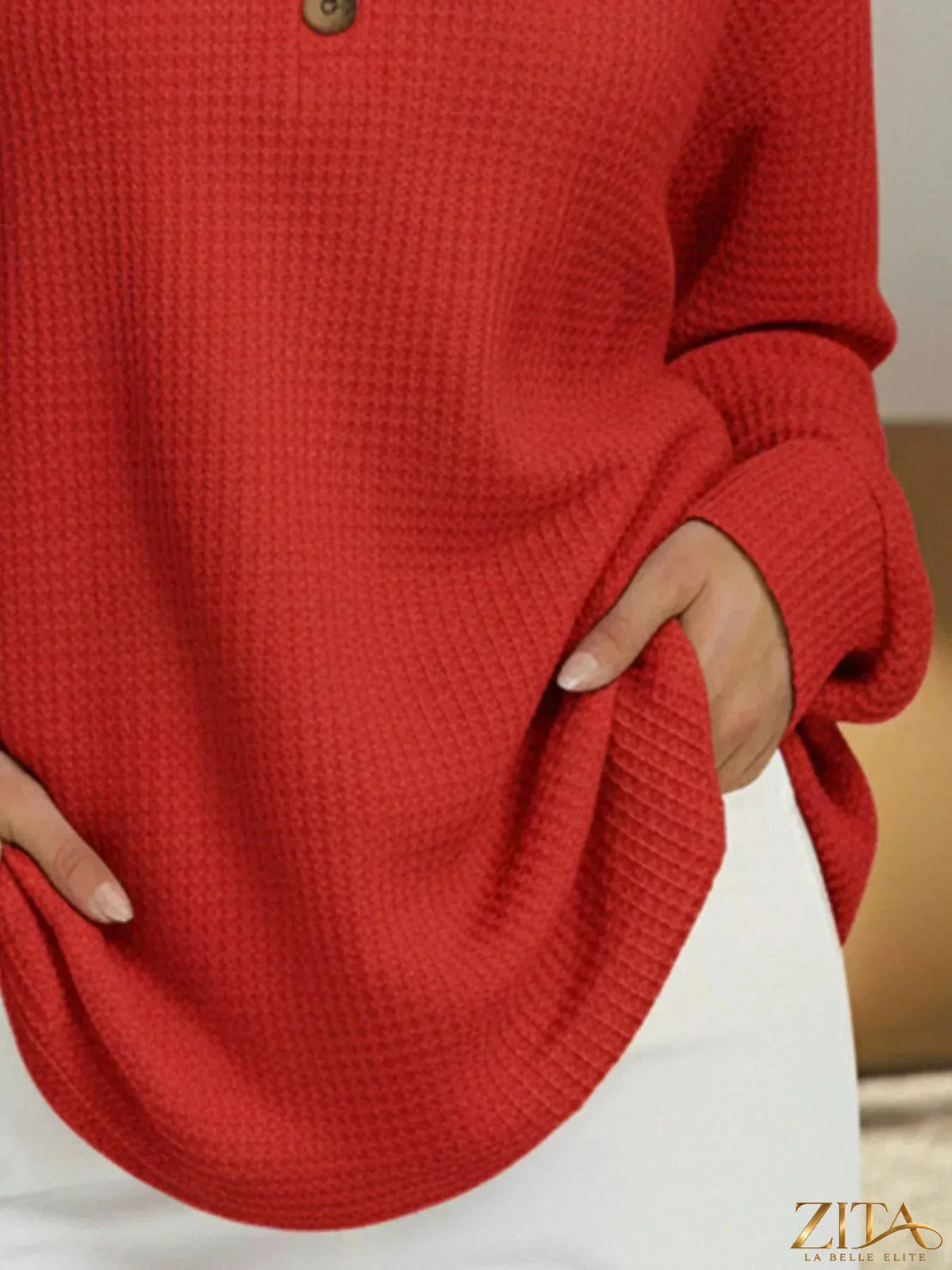 Plus size Zita La Belle Elite waffle knit V-neck long sleeve casual T-shirt, full size, soft fabric, with a relaxed fit and V-neck design.