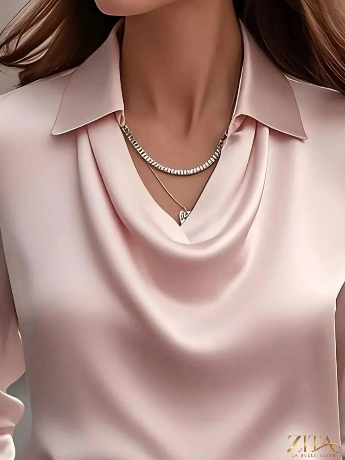 Close-up of Zita La Belle Elite satin collar long sleeve blouse with sleek fabric and elegant design.