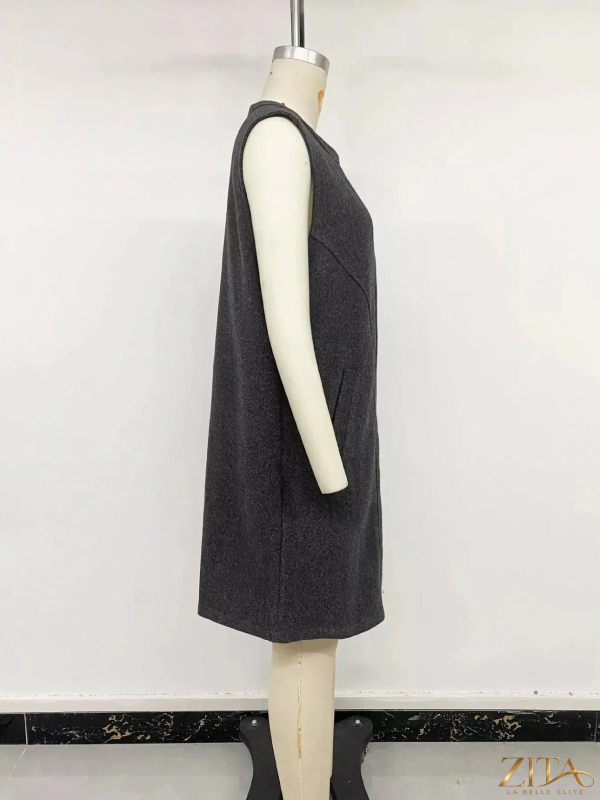Zita La Belle Elite sleeveless long vest coat with a sleek design, shown in a stylish fabric with a modern silhouette.