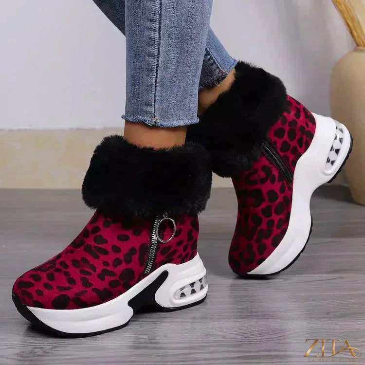 Zita La Belle Elite fuzzy side zipper platform ankle boots in black with chunky heels and zipper detail.