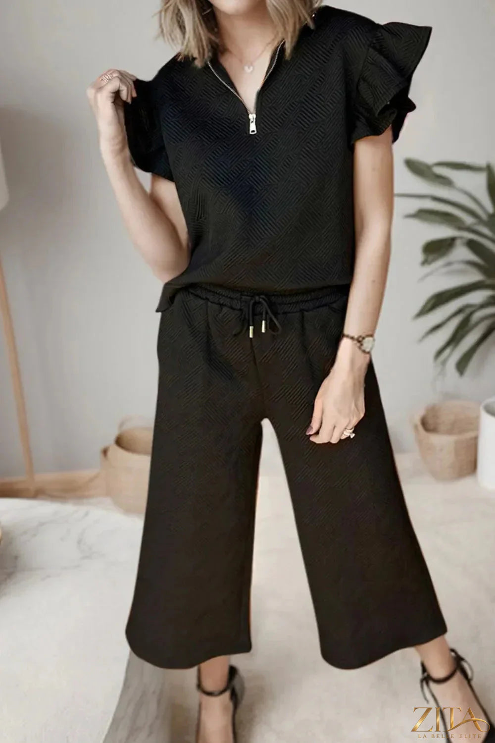 Zita La Belle Elite ruffled quarter zip top and drawstring pants set, stylish matching loungewear in soft fabric.