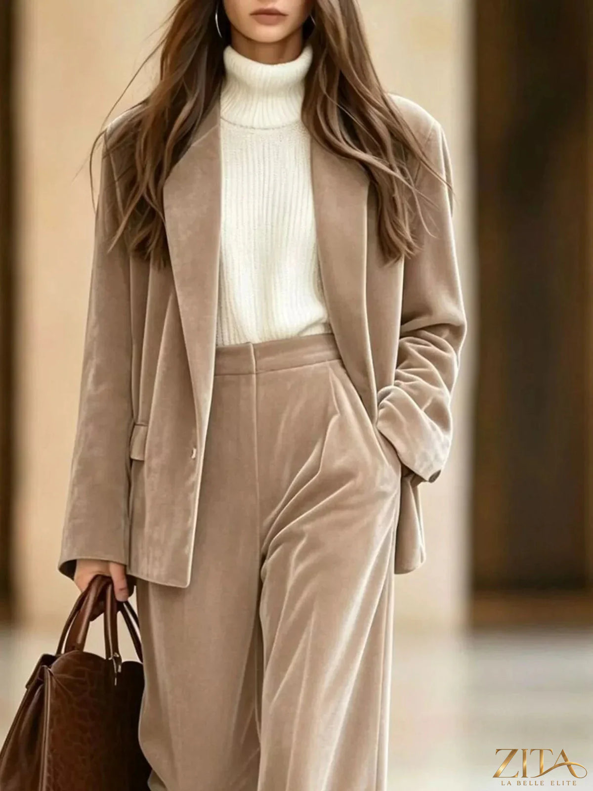 Velvet blazer and wide-leg pants two-piece set by Zita La Belle Elite, featuring a stylish tailored fit in rich velvet fabric.