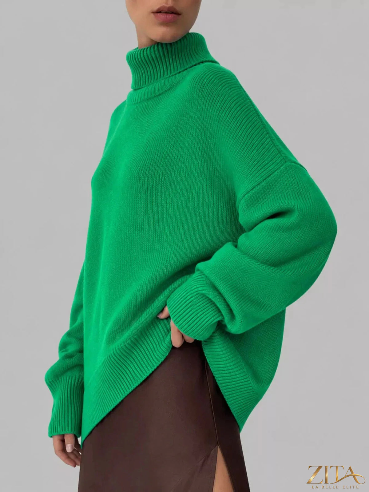 Zita La Belle Elite turtleneck dropped shoulder sweater in soft knit, showcasing the relaxed fit and cozy design.