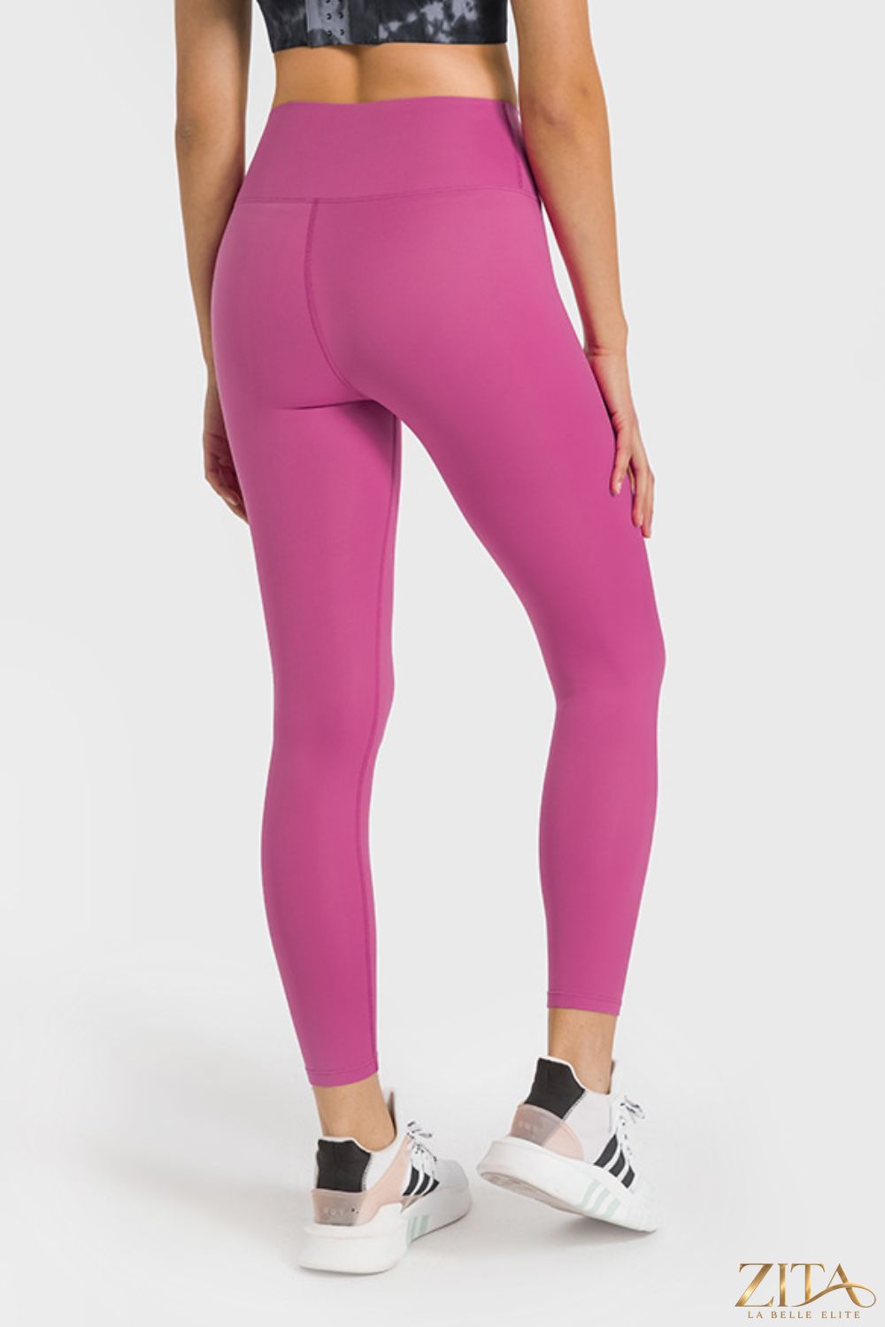 Zita La Belle Elite Millennia high waist ankle-length yoga leggings in black, showing close-up of fabric and fit.