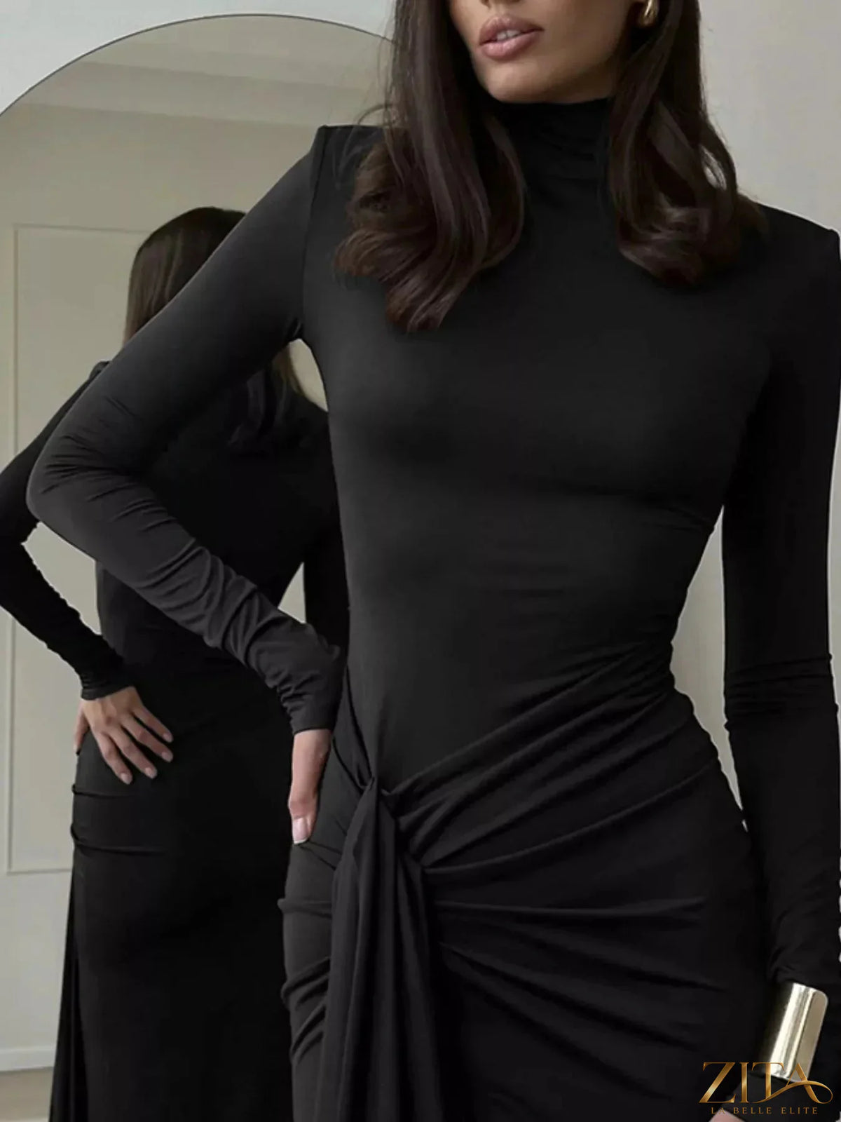 Trendsi turtleneck long sleeve slit maxi dress featuring a fitted bodice and flowing skirt in a stylish, elegant design.