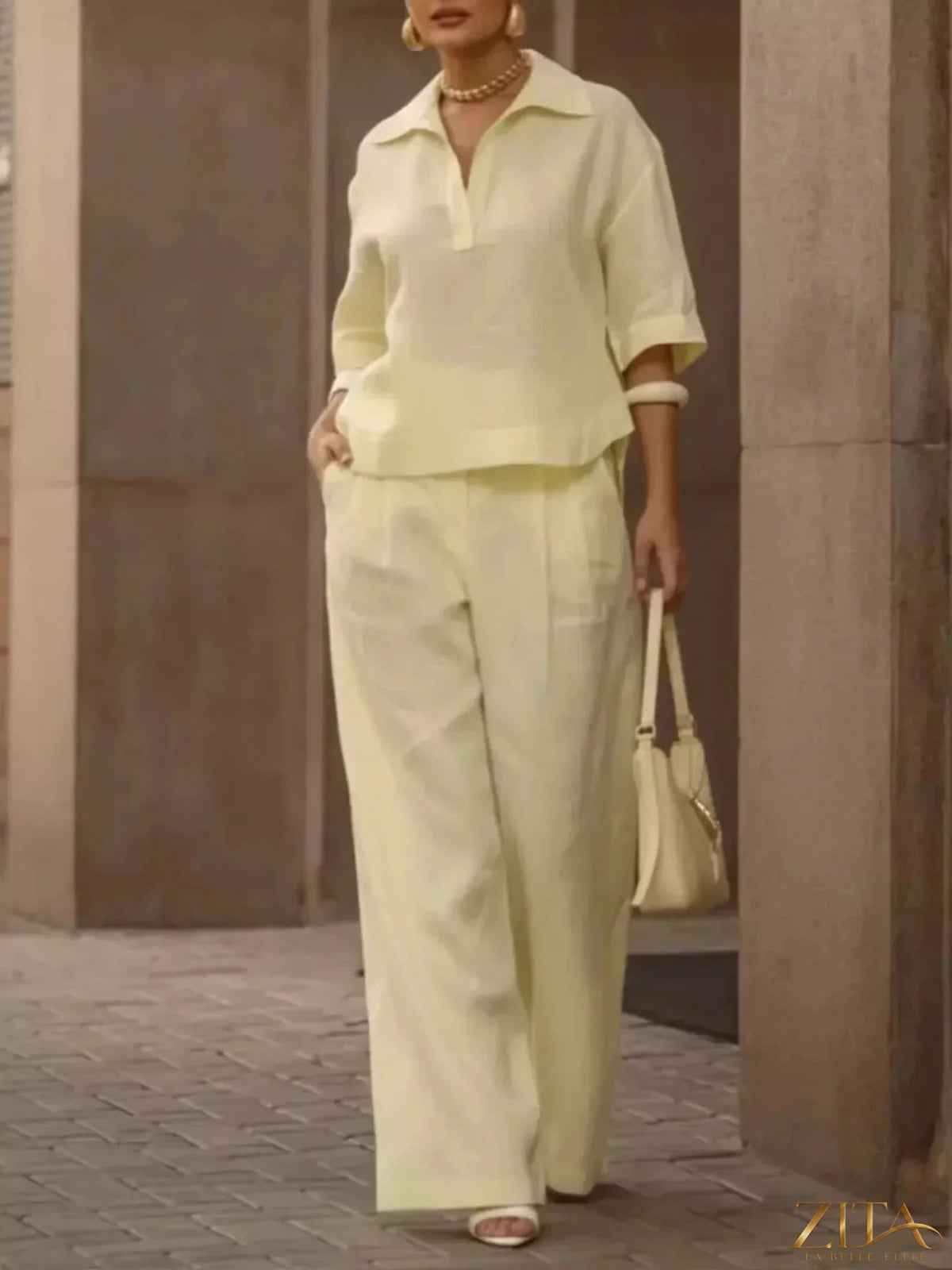 Plus size Zita La Belle Elite 3/4 sleeve top and wide-leg pants two-piece set, casual and comfortable outfit ensemble.