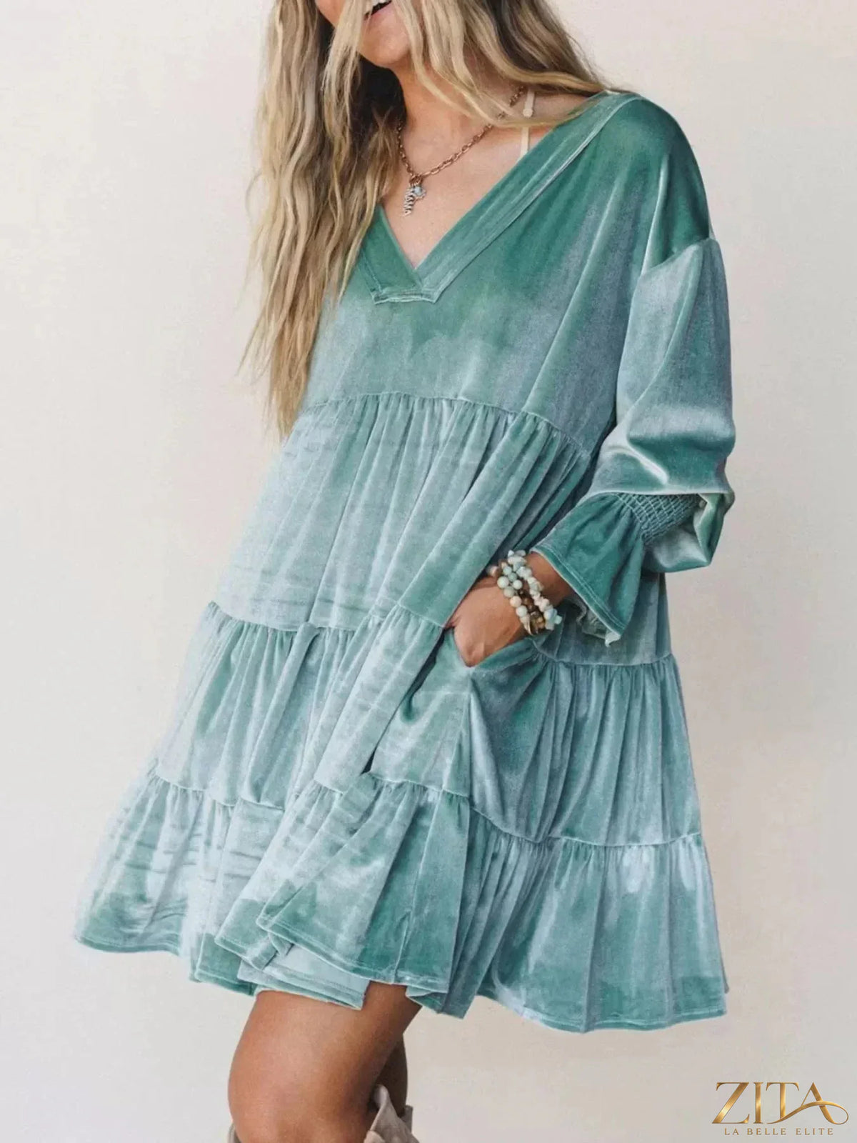 Velvet tiered mini dress with balloon sleeves by Zita La Belle Elite, featuring a stylish, textured fabric and elegant fit.