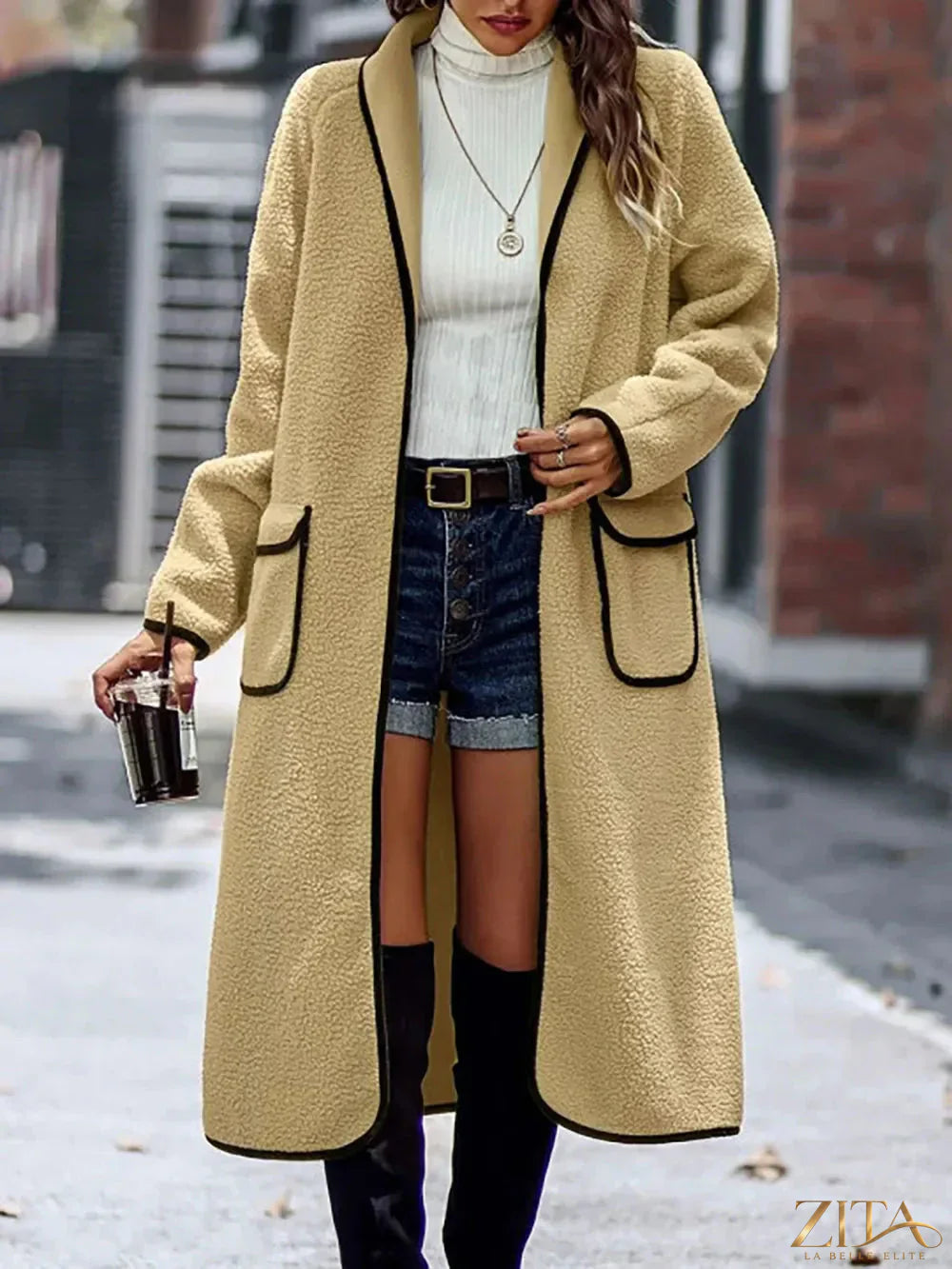 Zita La Belle Elite full size contrast trim long sleeve coat with pockets, showing front view with tailored design and bold trim details.