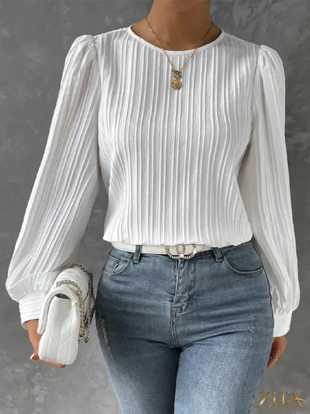 Zita La Belle Elite round neck long sleeve blouse in soft fabric, shown in a natural pose with a clean background.
