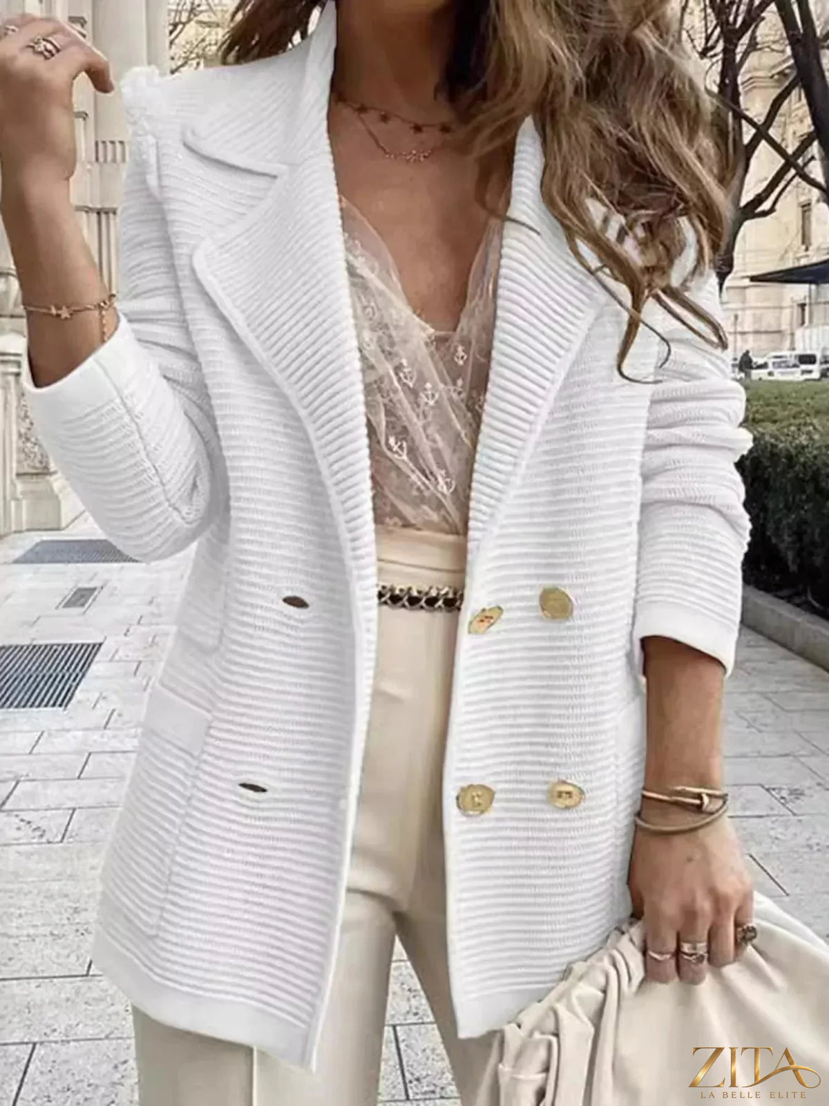 Zita La Belle Elite texture knit double-breasted blazer with lapels and front buttons, stylish and tailored for a polished look.