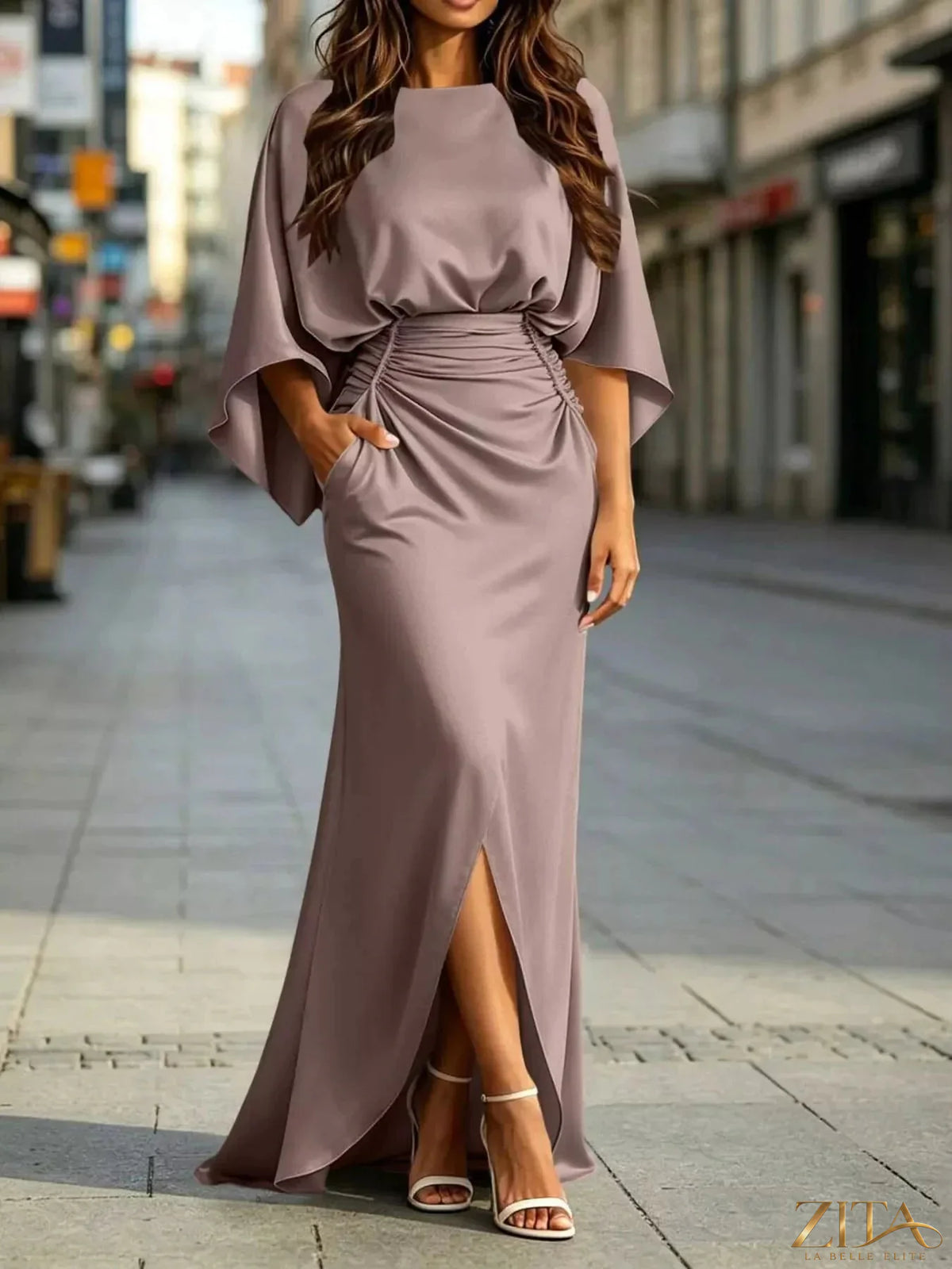 Zita La Belle Elite ruched waist maxi dress with pockets, flowing fabric, and elegant design for casual or formal wear.