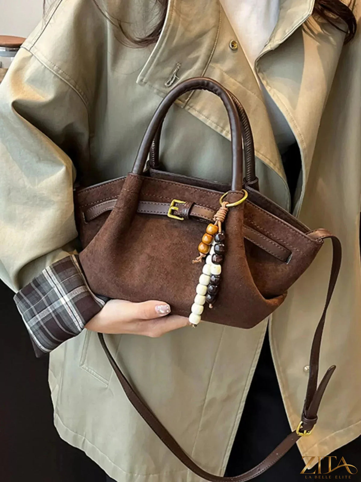 Zita La Belle Elite Buckle Decor Tote Bag showing brown leather handles, buckle accents, and spacious main compartment.
