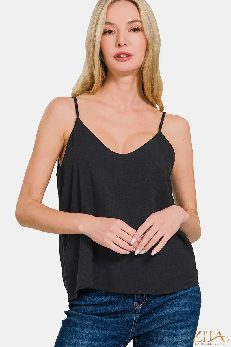 Zenana two-layered spaghetti strap cami by Zita La Belle Elite featuring lightweight fabric and layered design.