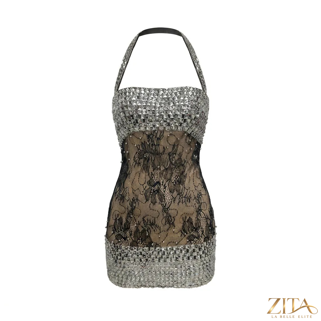 Zita La Belle Elite rhinestone sequin halter lace floral dress on a model, elegant evening dress with intricate floral lace details.