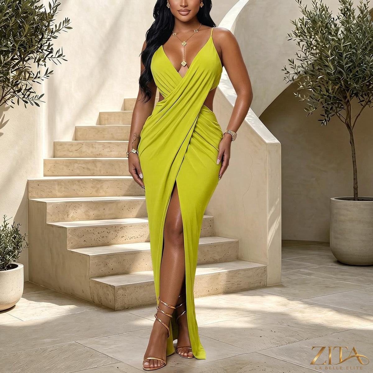 Zita La Belle Elite V-neck cross cutout slit cocktail dress featuring a fitted silhouette and elegant design.