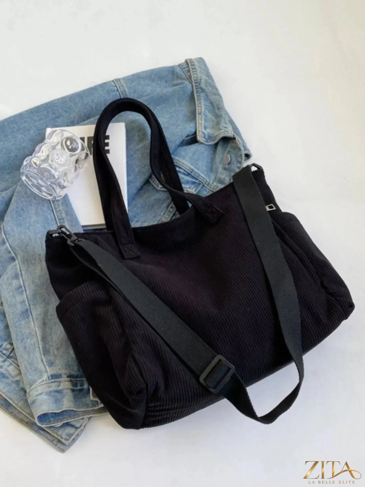 Zita La Belle Elite corduroy solid color handbag with top handles and silver hardware, stylish and versatile accessory.