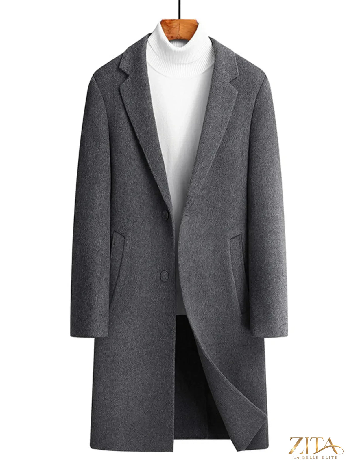 Men's plus size long coat with lapel collar from Zita La Belle Elite, shown in a stylish, full-length design.