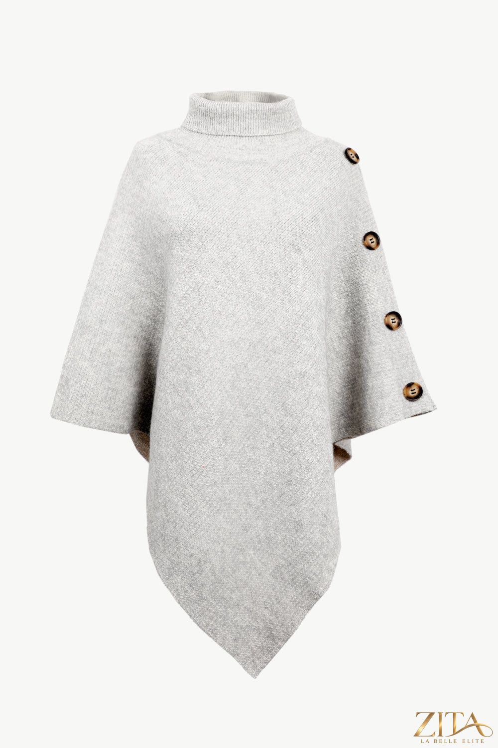 Zita La Belle Elite turtleneck buttoned poncho in cozy knit fabric, featuring a high collar and button details.