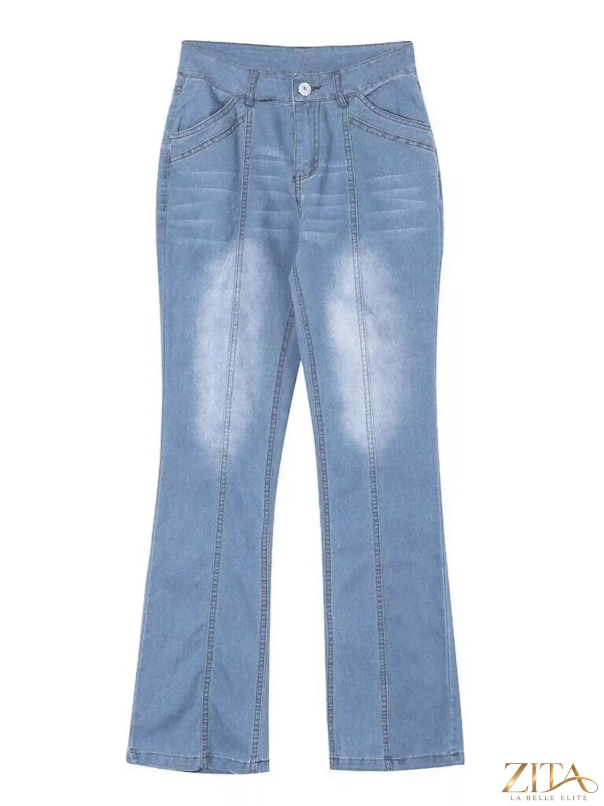 Zita La Belle Elite mid-rise bootcut jeans shown on a model, featuring classic denim with a fitted waist and flared leg style.