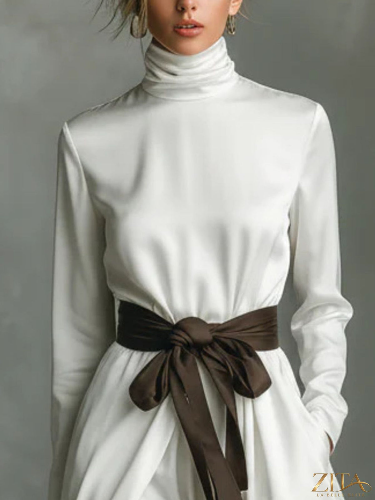 Zita La Belle Elite turtleneck tie waist midi dress in a stylish, fitted design with long sleeves and elegant silhouette.