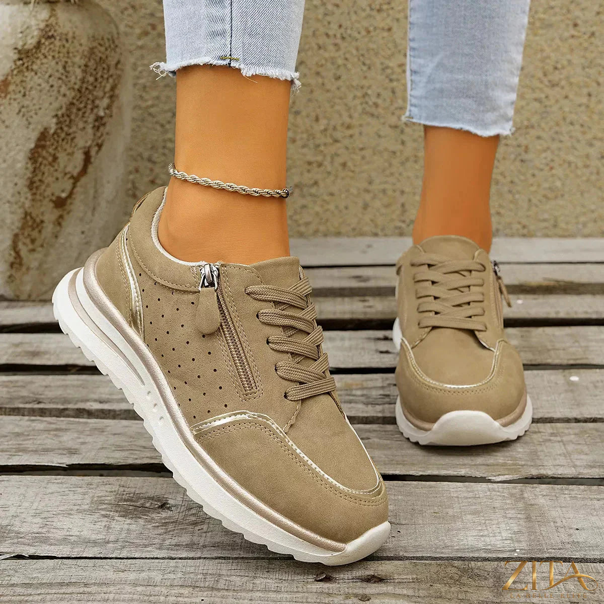Zita La Belle Elite round toe lace-up sneakers in white with stylish design and white laces, suitable for casual wear.