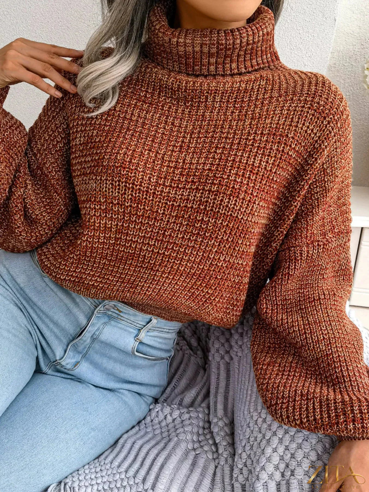 Cream-colored turtleneck dropped shoulder sweater by Trendsi, featuring a cozy knit fabric and relaxed fit.