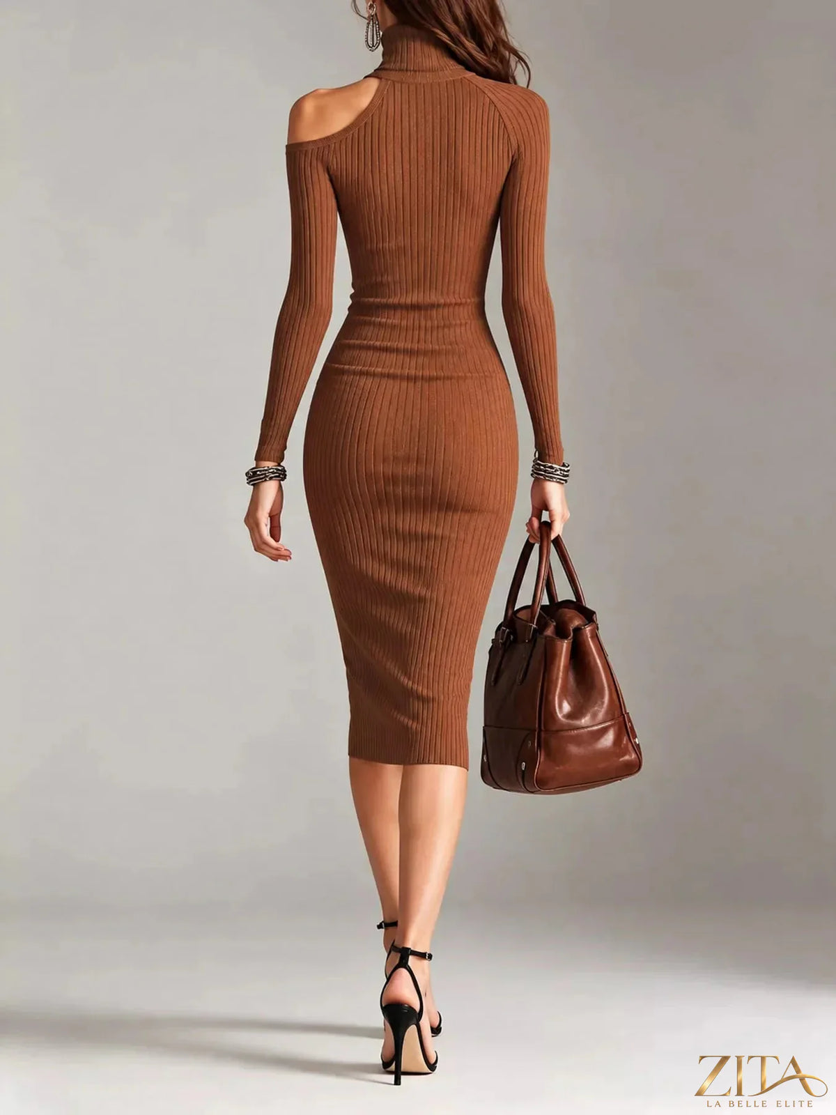 Cold-shoulder turtleneck ribbed knit dress by Trendsi, featuring long sleeves and a fitted silhouette in a cozy fabric.