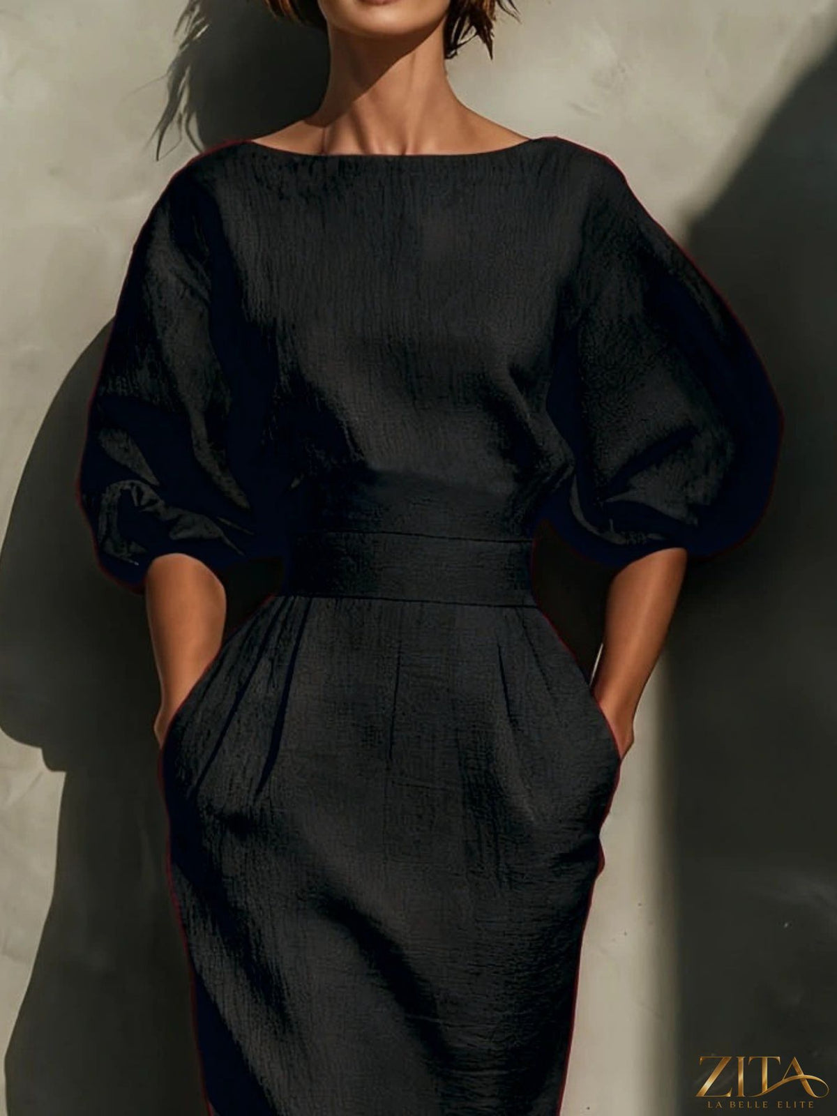 Zita La Belle Elite round neck midi dress with puff sleeves, showcasing a stylish and elegant feminine design.