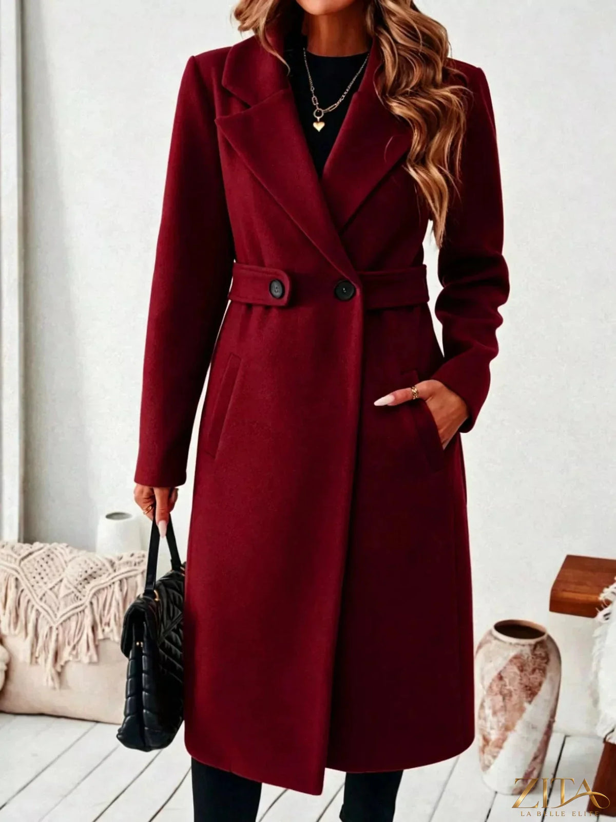 Plus size Zita La Belle Elite elegant coat with lapel collar, belted waist, and pockets, full-length design.