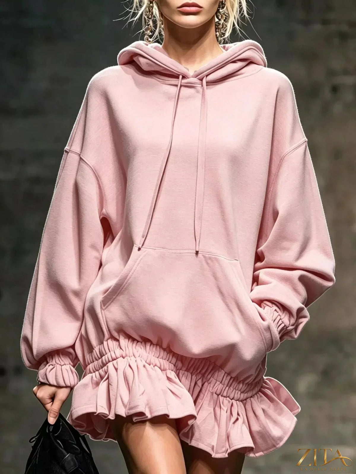 Zita La Belle Elite casual chic hoodie sweatshirt mini dress with ruffled hem, soft fabric and relaxed fit, stylish and comfortable.