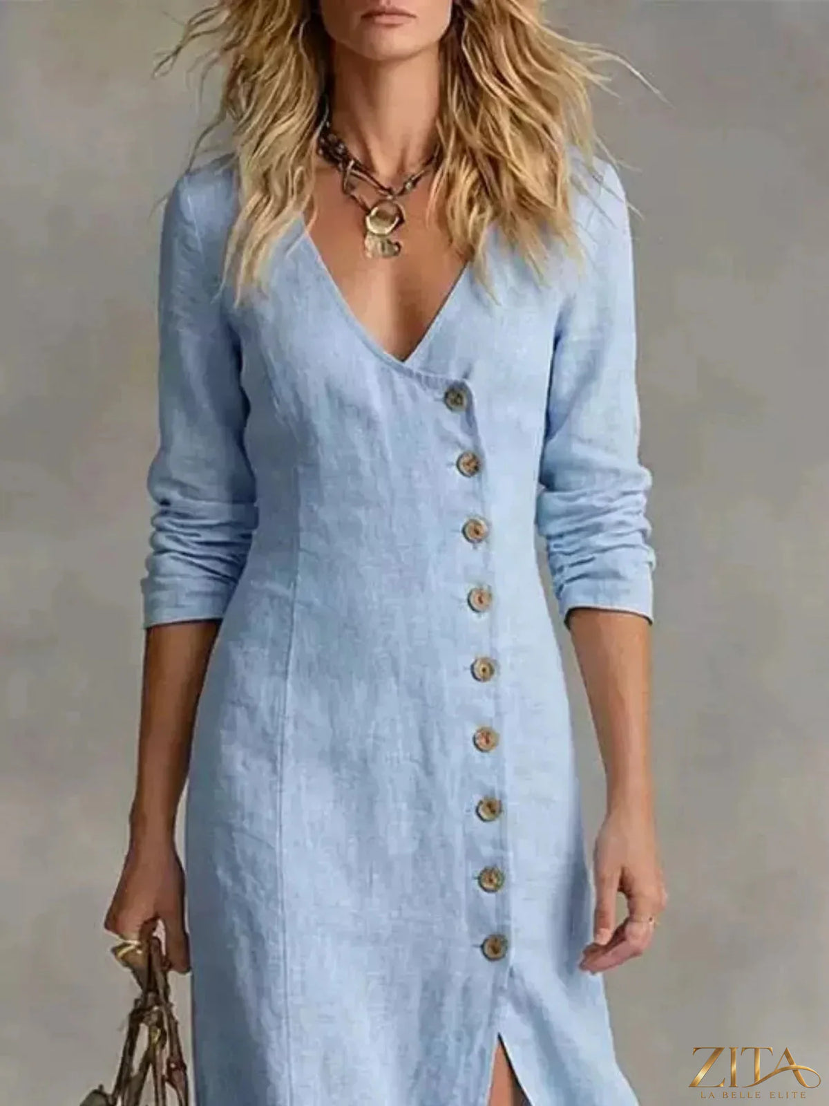 Zita La Belle Elite slit button-down midi dress in flowing fabric with front slit and long sleeves, stylish and elegant.