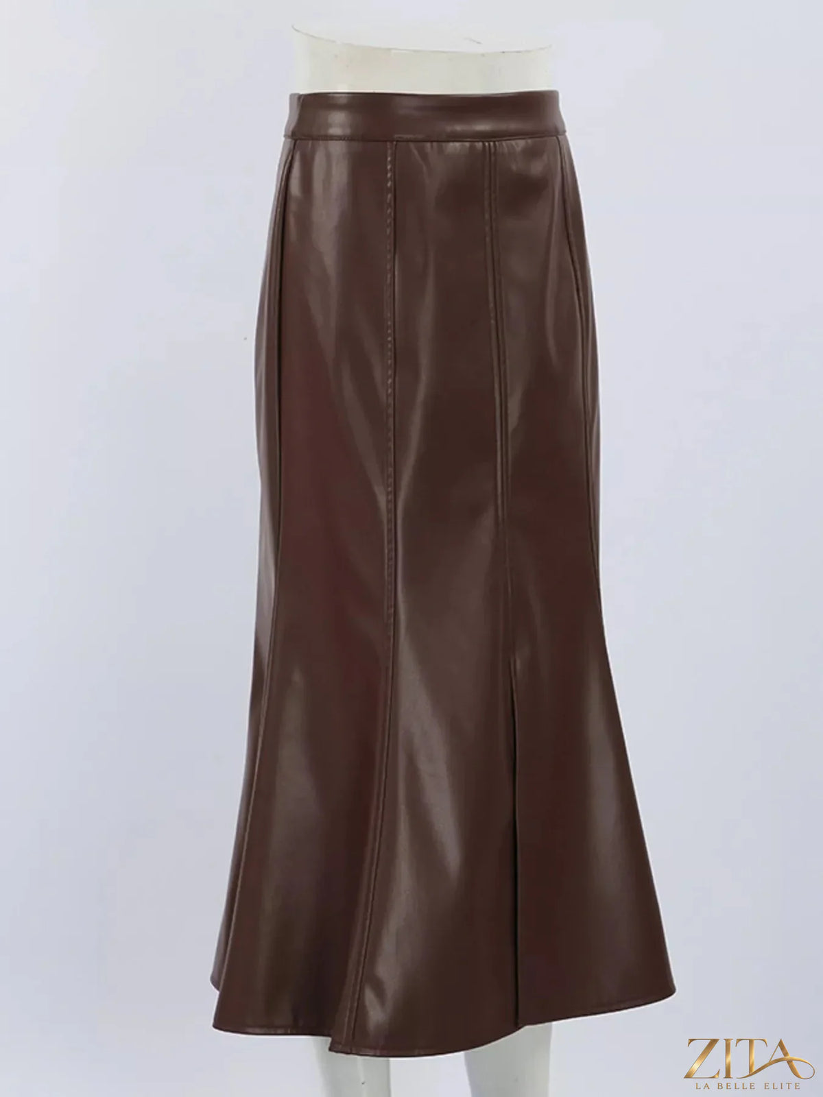 Zita La Belle Elite slit mermaid midi skirt in flowing fabric with a fitted waist and dramatic hem detail.