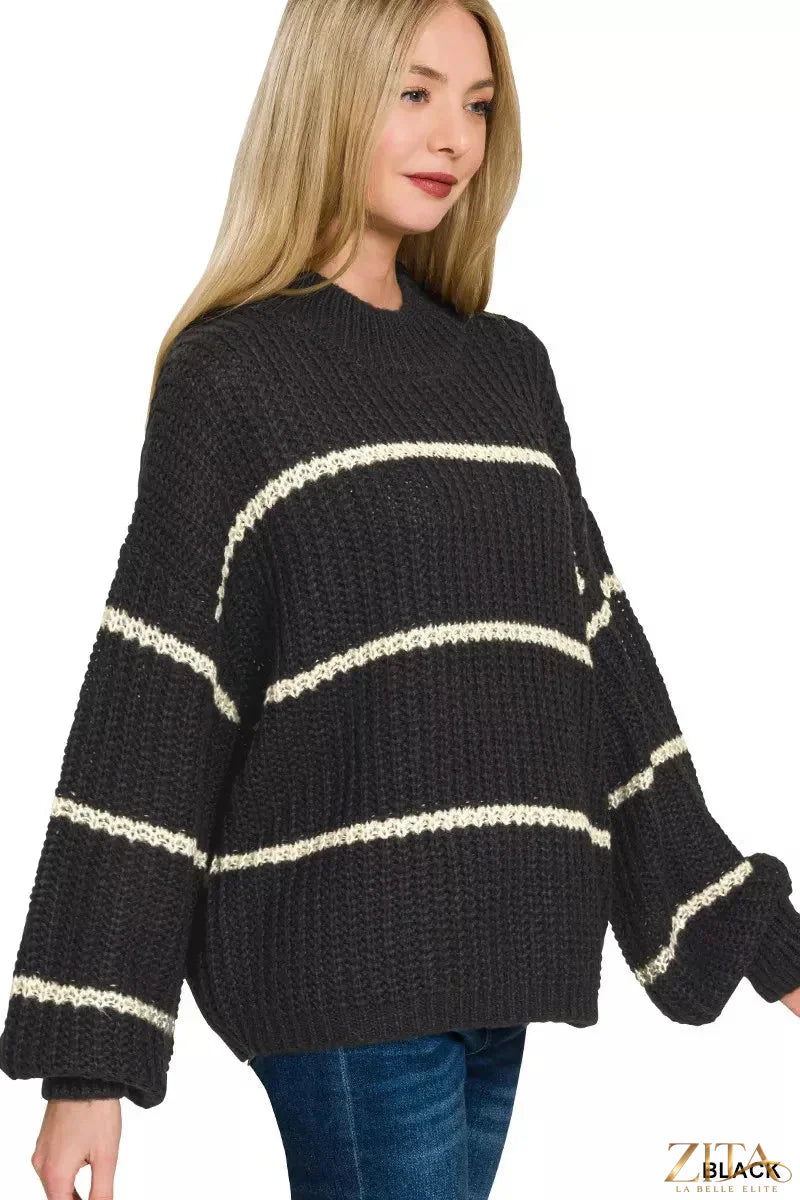 Oversized Zenana striped sweater in neutral tones, featuring a cozy fit and bold horizontal stripe pattern.