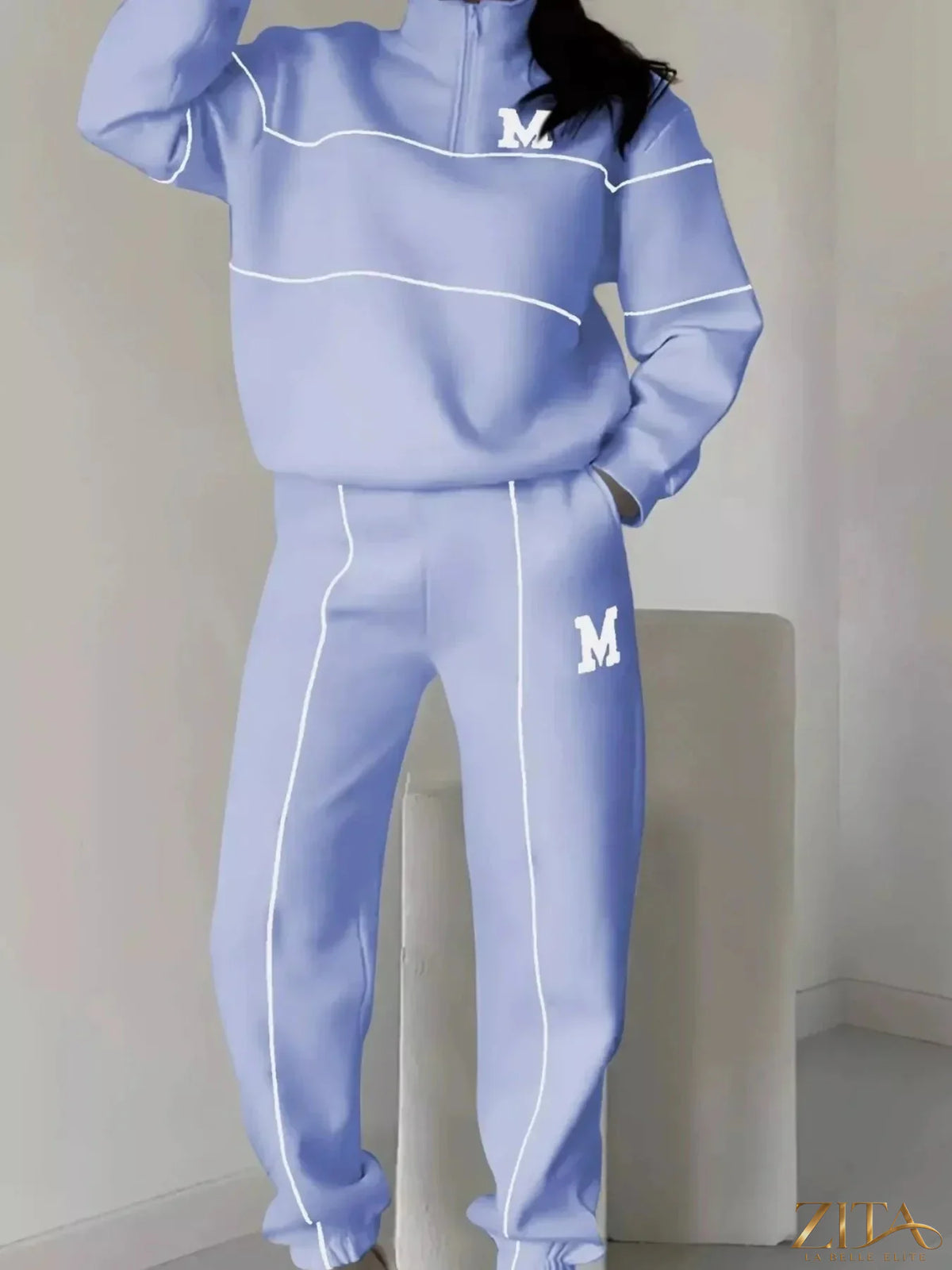 Plus size Zita La Belle Elite striped quarter zip top and matching pants set, full size, comfortable loungewear ensemble.