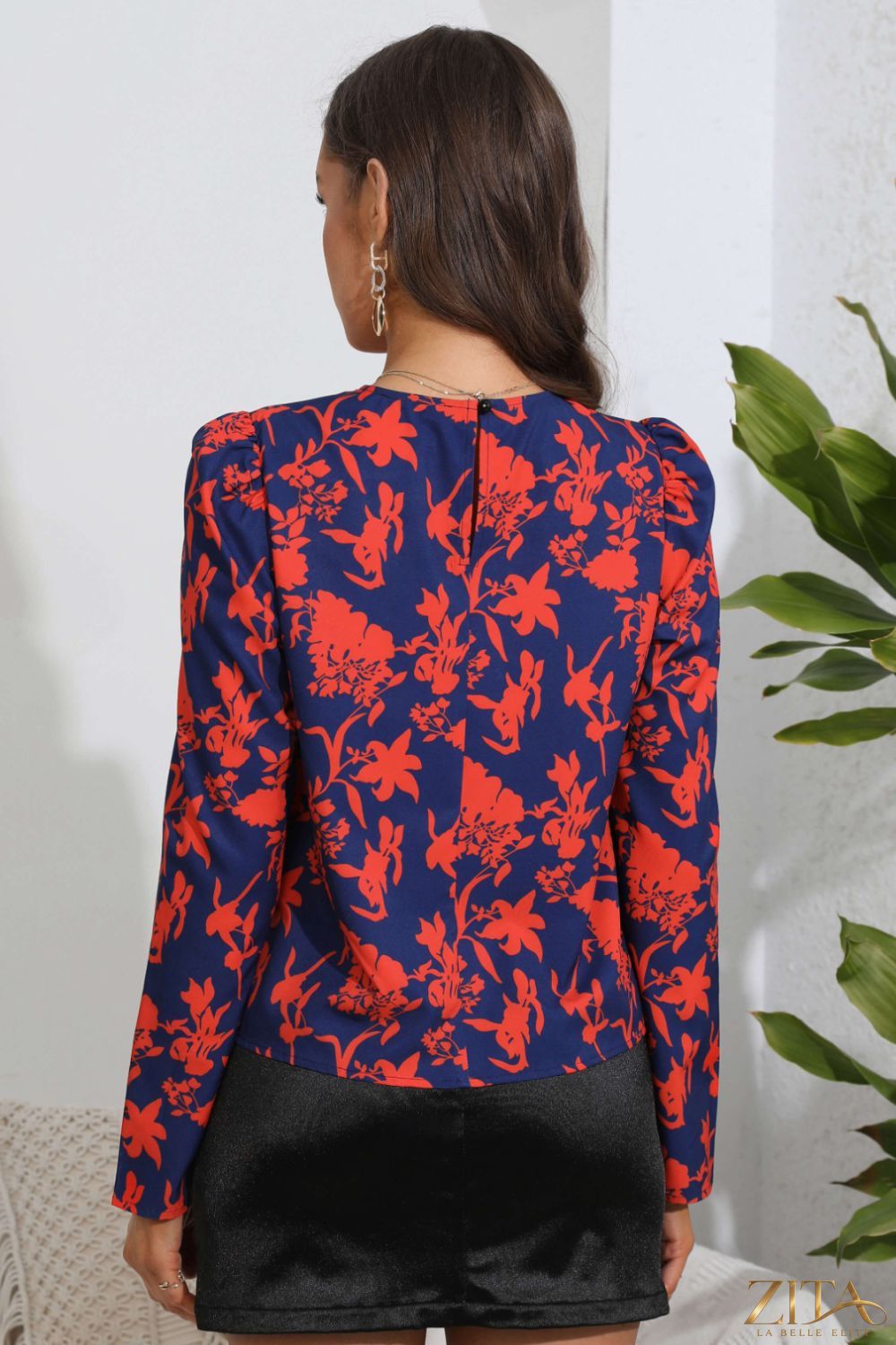 Zita La Belle Elite floral long puff sleeve blouse with ruffled cuffs and neckline, lightweight and feminine for stylish wear
