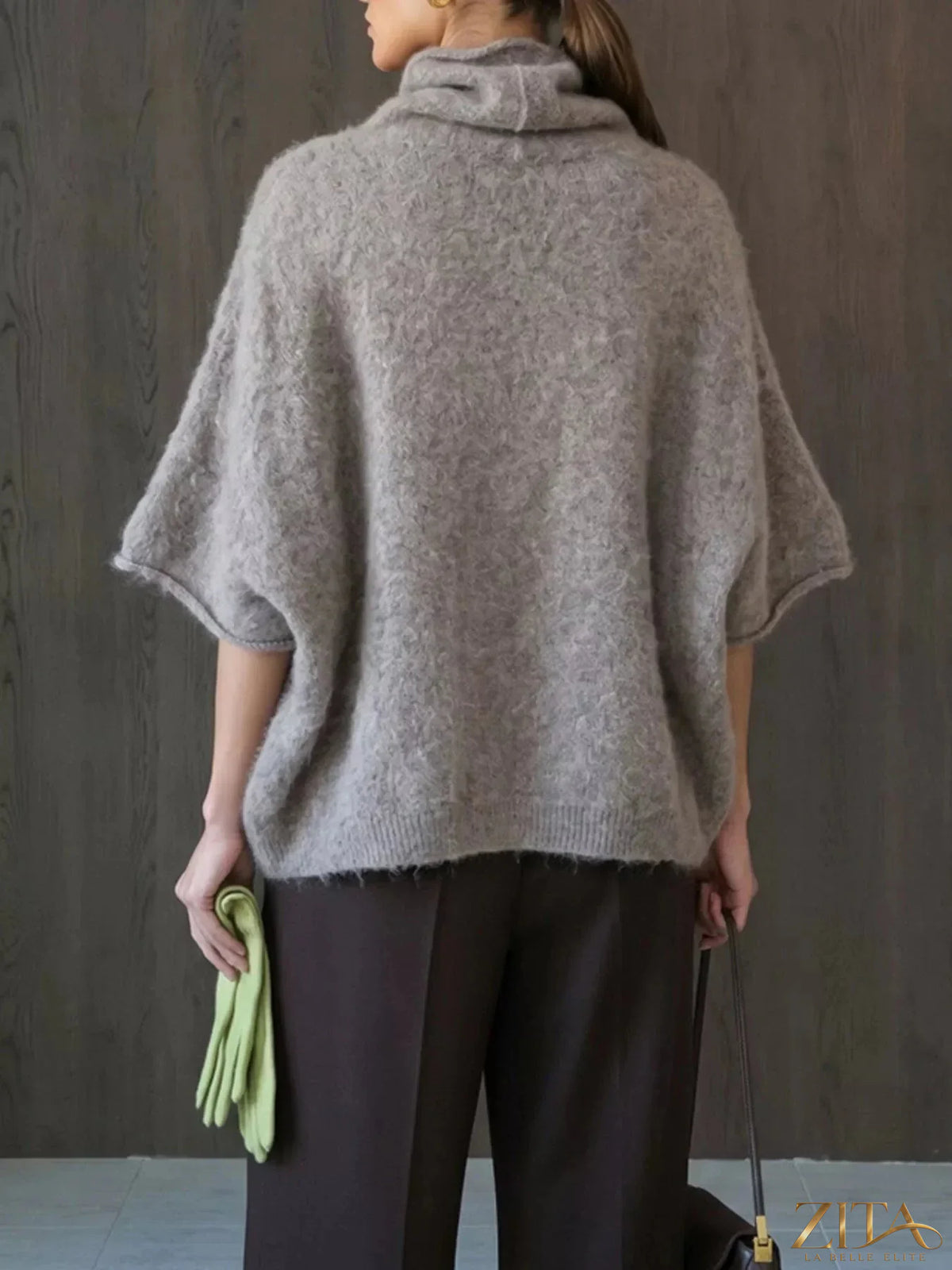 Zita La Belle Elite fuzzy short sleeve turtleneck sweater in cozy, soft fabric with a fitted style and ribbed neckline.