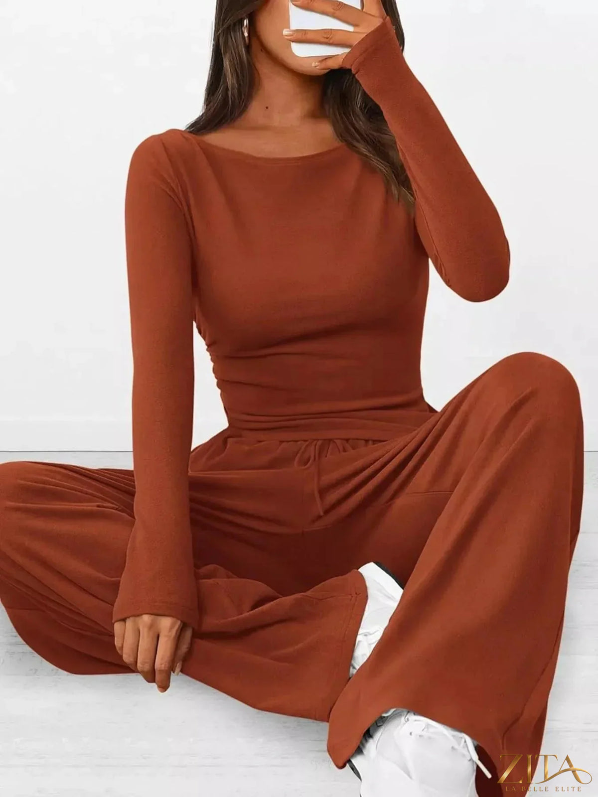 Zita La Belle Elite long sleeve top and wide-leg pants set in soft fabric, shown in a stylish, coordinated fashion ensemble.