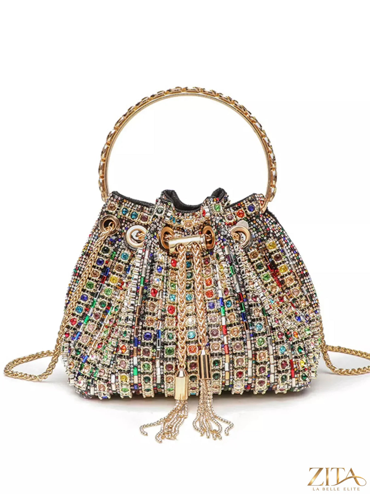 Zita La Belle Elite holiday party rhinestone embellished bucket handbag with crossbody strap, sparkling and stylish for festive occasions.