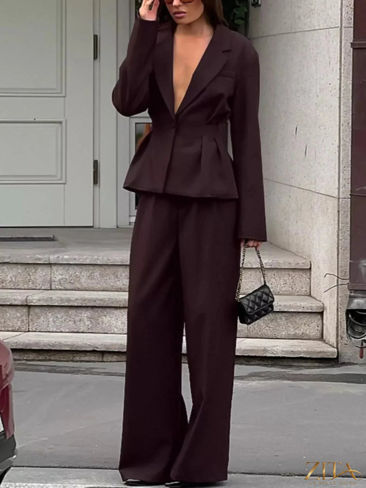 Zita La Belle Elite one-button blazer and wide-leg pants set, navy blue tailored women's suit, front view with lapel details.