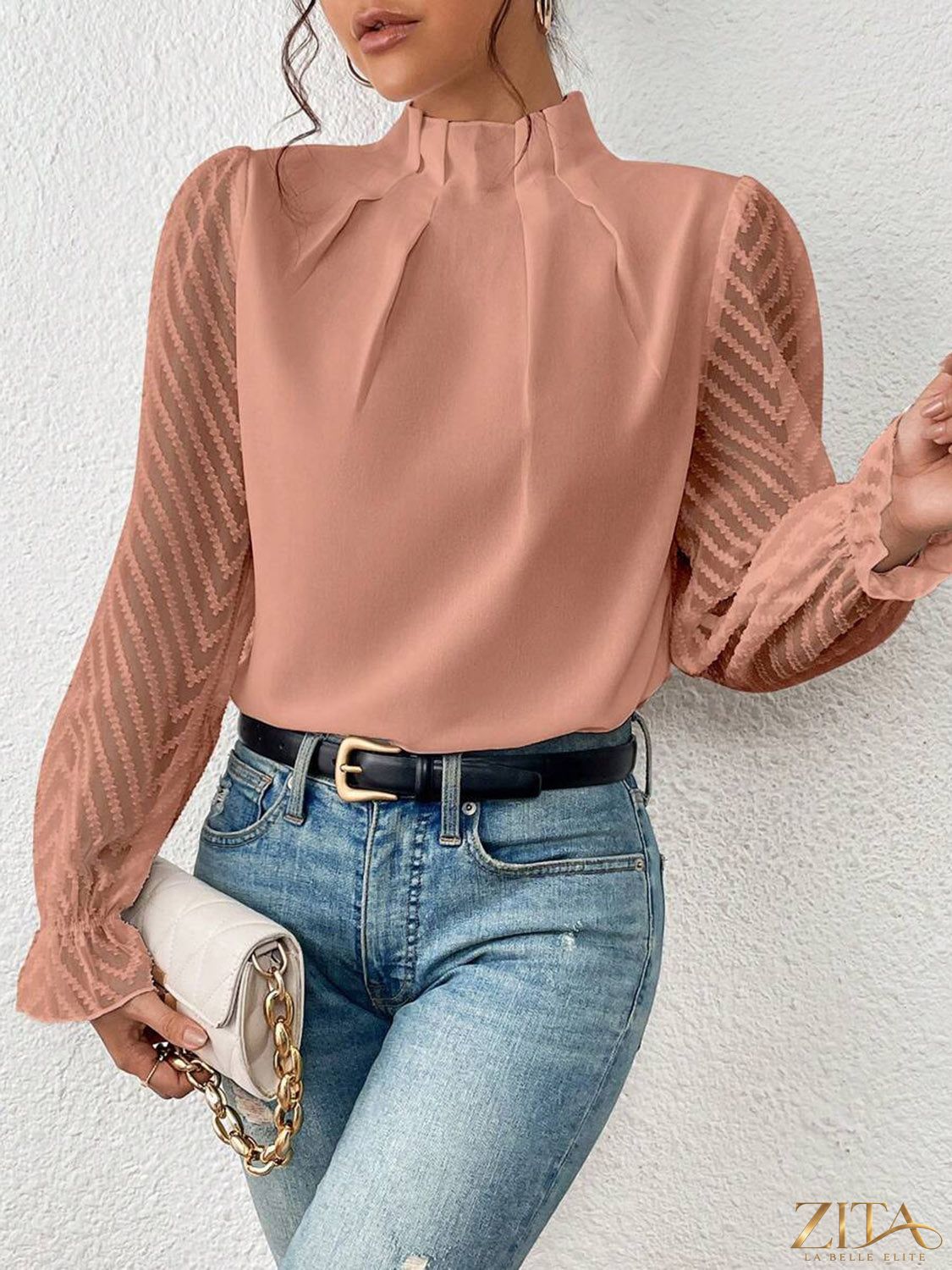 Zita La Belle Elite mock neck blouse with flounce sleeves, featuring a stylish and feminine design in a close-up view.