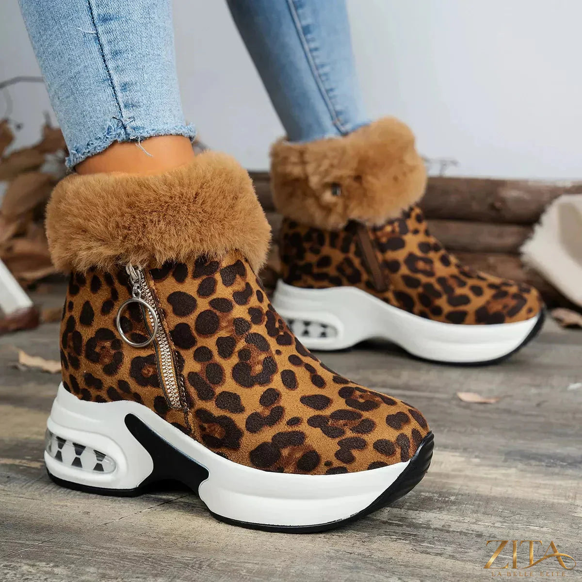 Fuzzy side zipper platform ankle boots by Zita La Belle Elite with chunky soles and cozy fur lining.