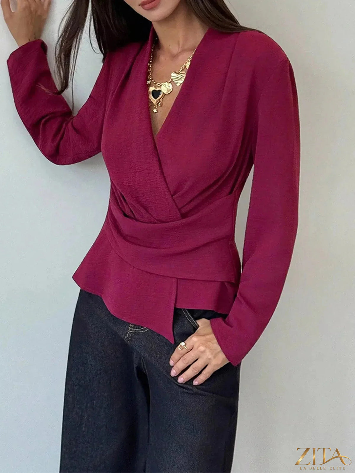 Zita La Belle Elite wrap-front long sleeve blouse in soft fabric, featuring a V-neck and elegant design.