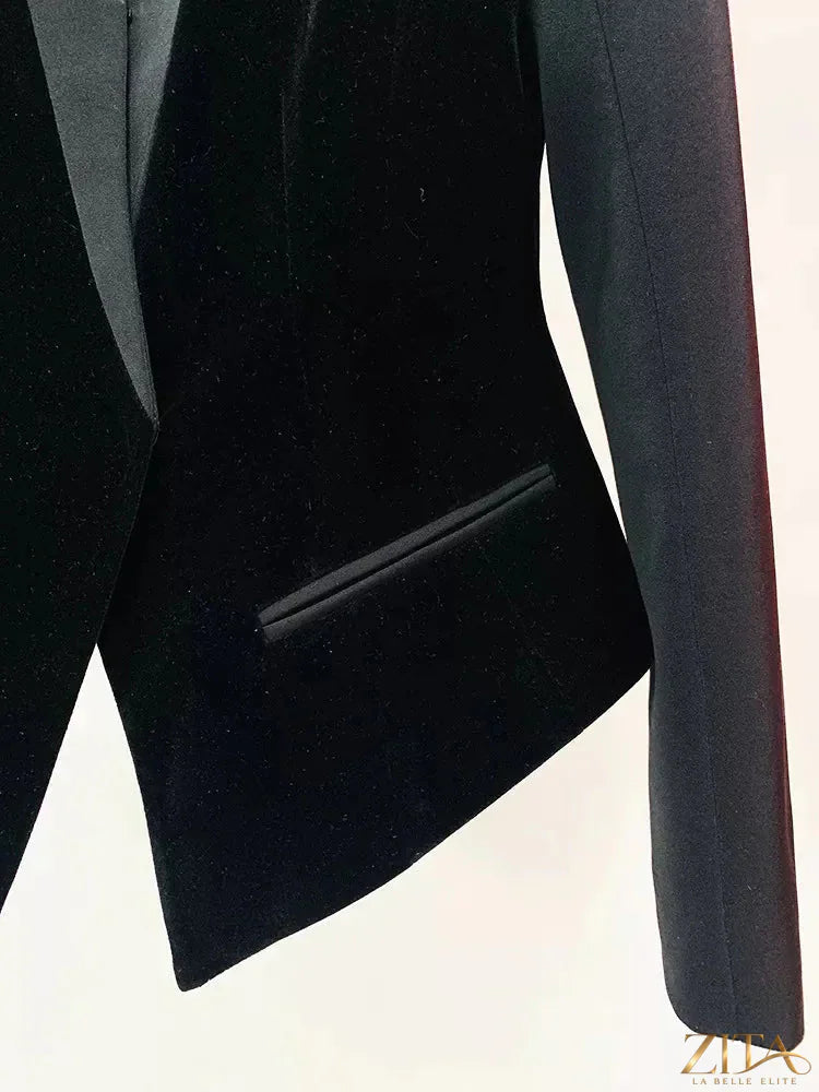 Velvet-paneled blazer with stand-up collar by Zita La Belle Elite, featuring a tailored fit and luxurious fabric in a close-up shot.