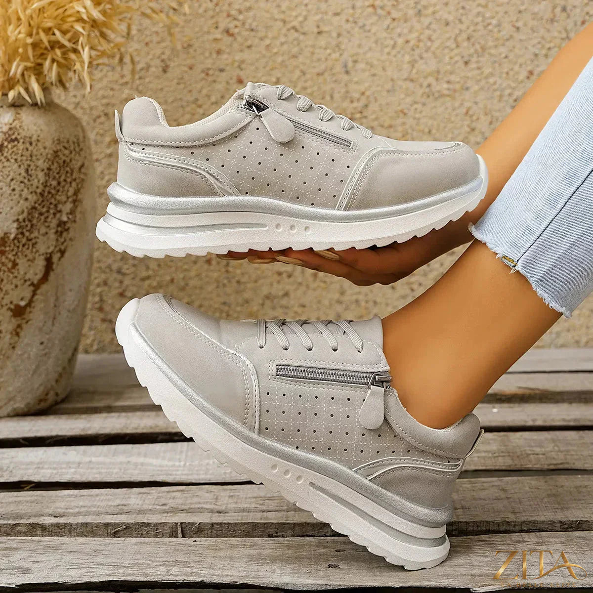 Zita La Belle Elite round toe lace-up sneakers in white with stylish design and rubber sole, perfect for casual wear.