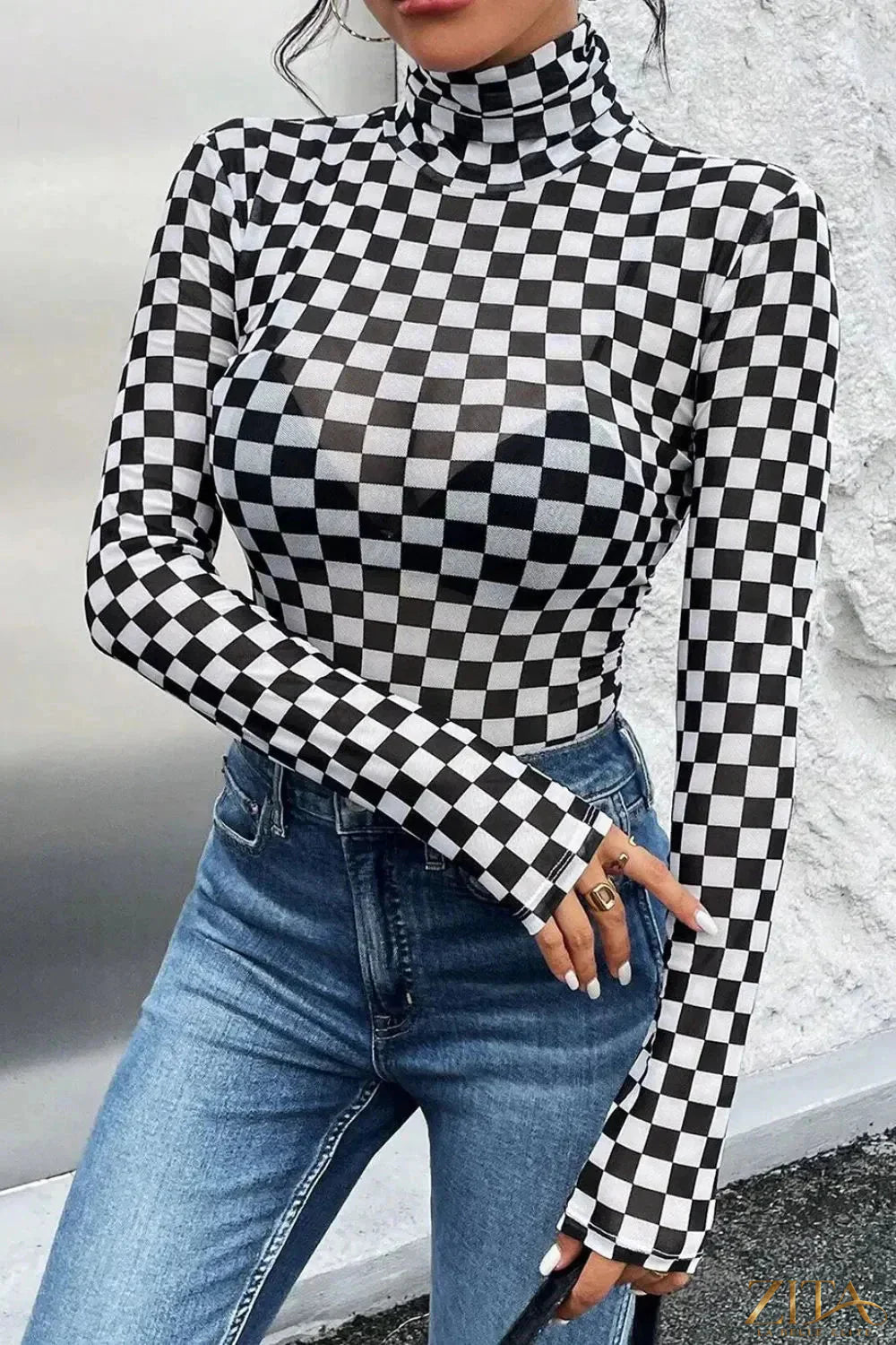 Checkered turtleneck long sleeve bodysuit from Trendsi, featuring a fitted design with a classic check pattern.